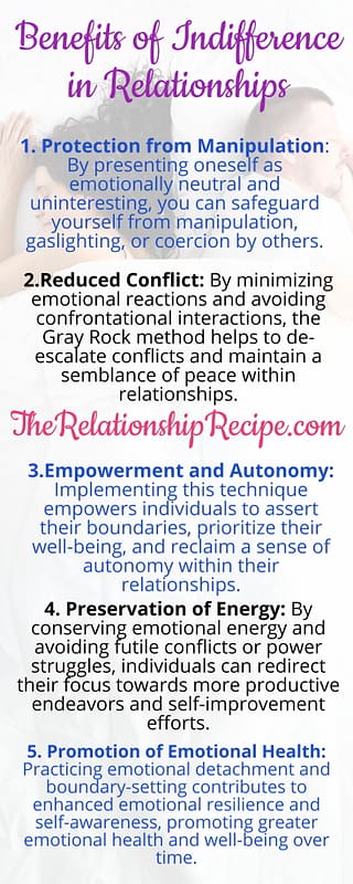 How Indifference in Relationships Can Ruin, or Save It 11 Benefits of Indifference in relationships, apathy, gray rock method, emotional detachment in relationships Infographic