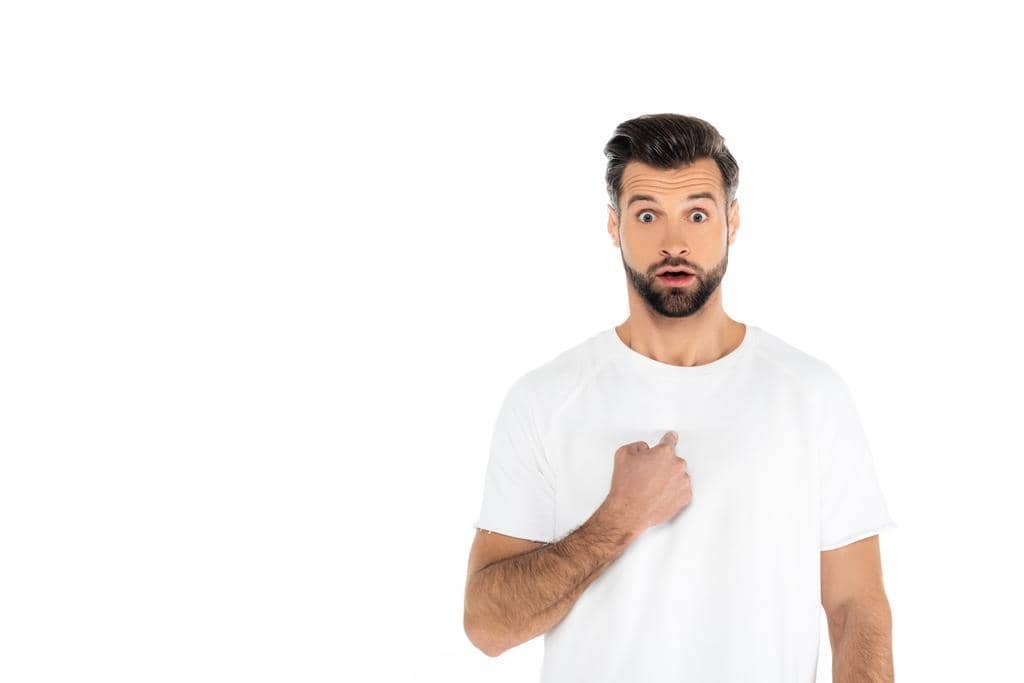 11 Types of Men Who Get Dumped: Brutal Reasons Women Leave 7 shocked man open mouth pointing himself while looking camera isolated