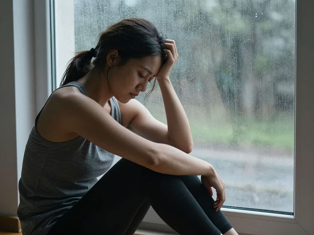Sad, heartbroken woman in need of affirmations for letting go sits by the window on a rainy day