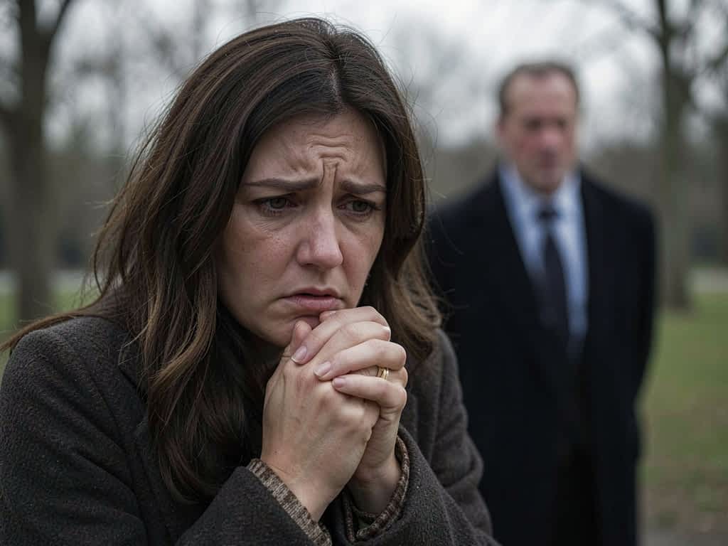 a woman frets while a man in the background wearing a business suit