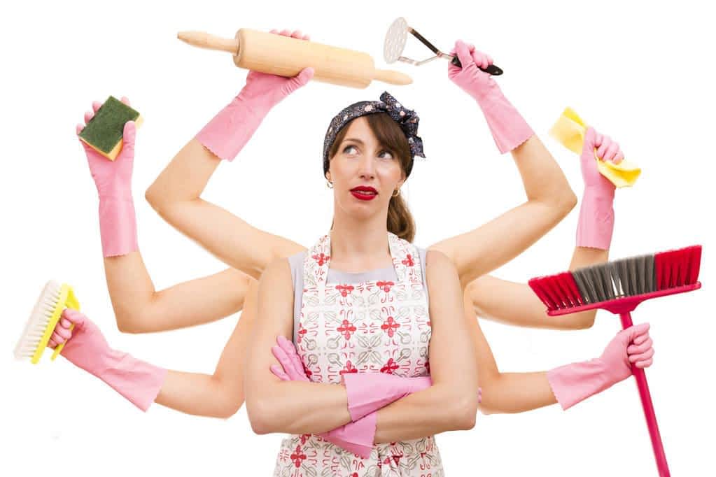 Crushing Exhaustion: 5 Ways Good Wife Syndrome Takes a Toll 2 very busy multitasking housewife on white background concept of