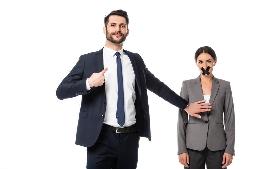 arrogant businessman pointing finger himself touching woman scotch tape mouth