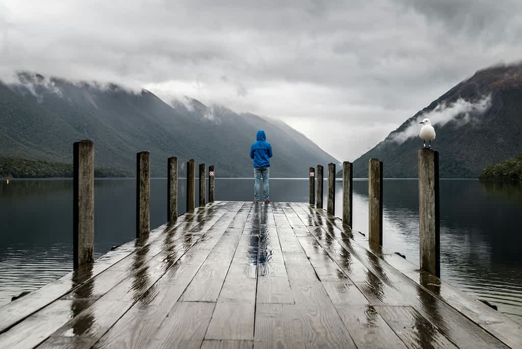 man at the end of a dock on a foggy day