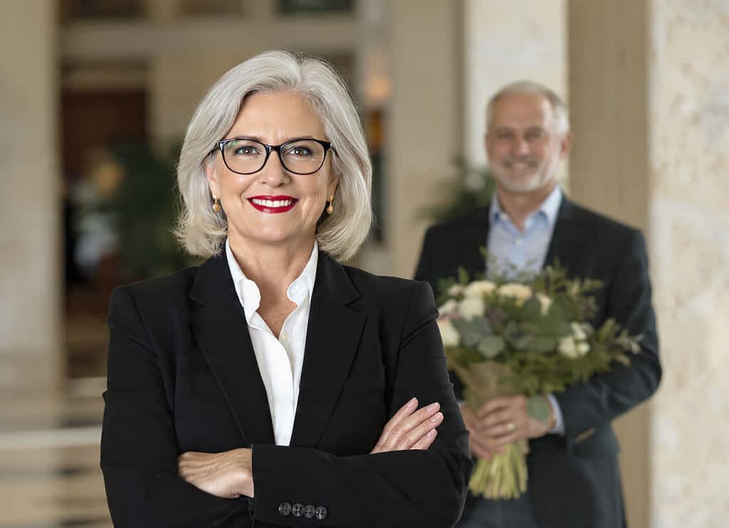 confident woman with man holding flowers in the background
