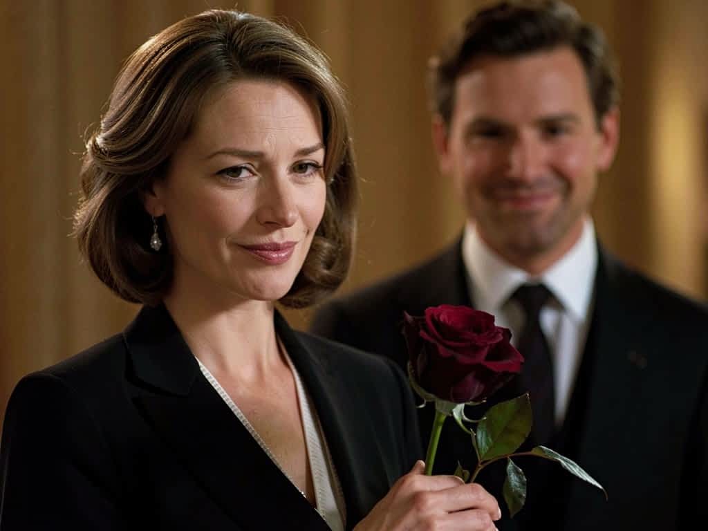 Woman holds a rose with a confident smile while man in background looks on.