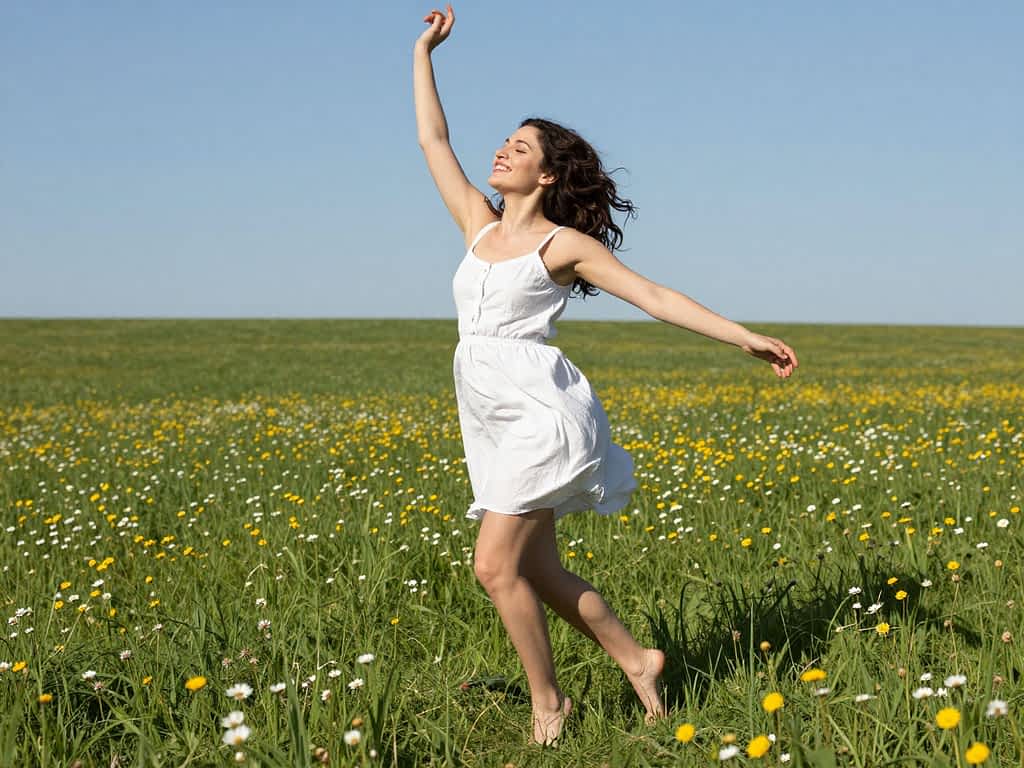 joyous woman running through a flower field