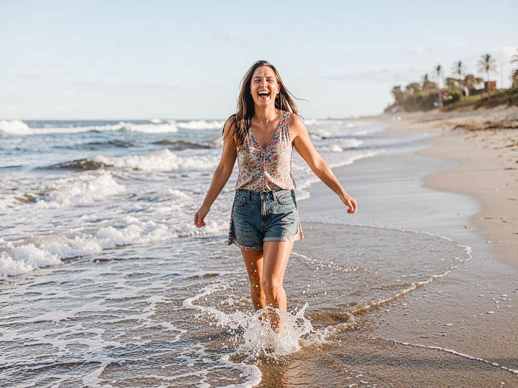 joyful woman walking along the beach