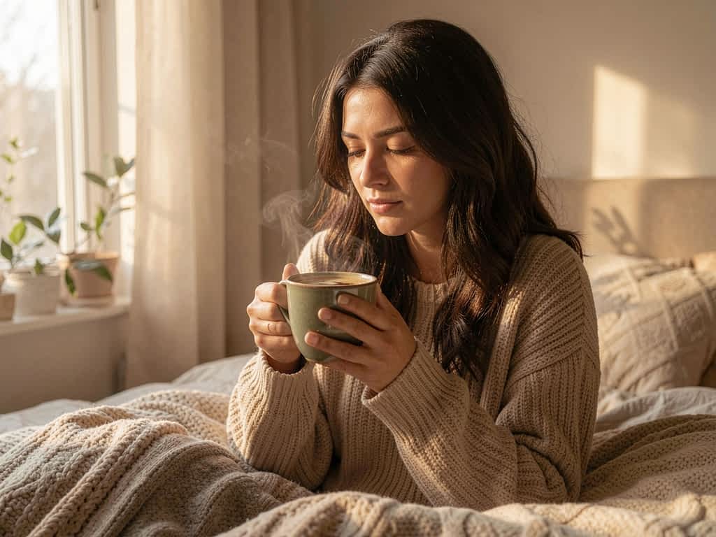 9 Affirmations for Letting Go: The Freeing Practice That Rebuilds Your Peace 2 woman relaxing with coffee in bed