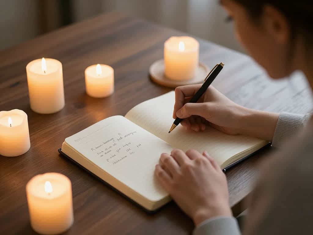 9 Affirmations for Letting Go: The Freeing Practice That Rebuilds Your Peace 3 woman journaling by candlelight