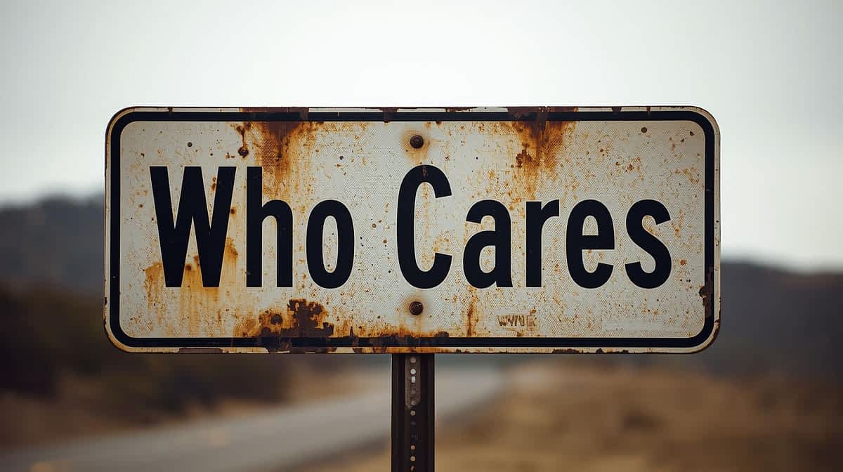 rusty sign that says Who Cares