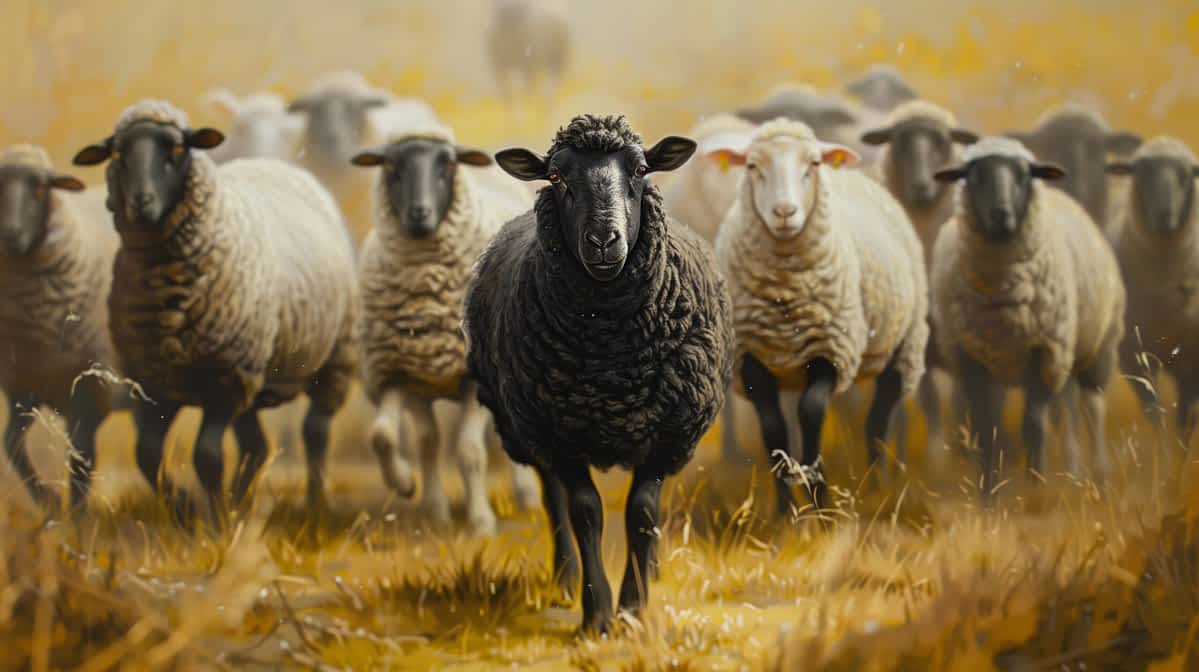 black sheep leads herd of white sheep