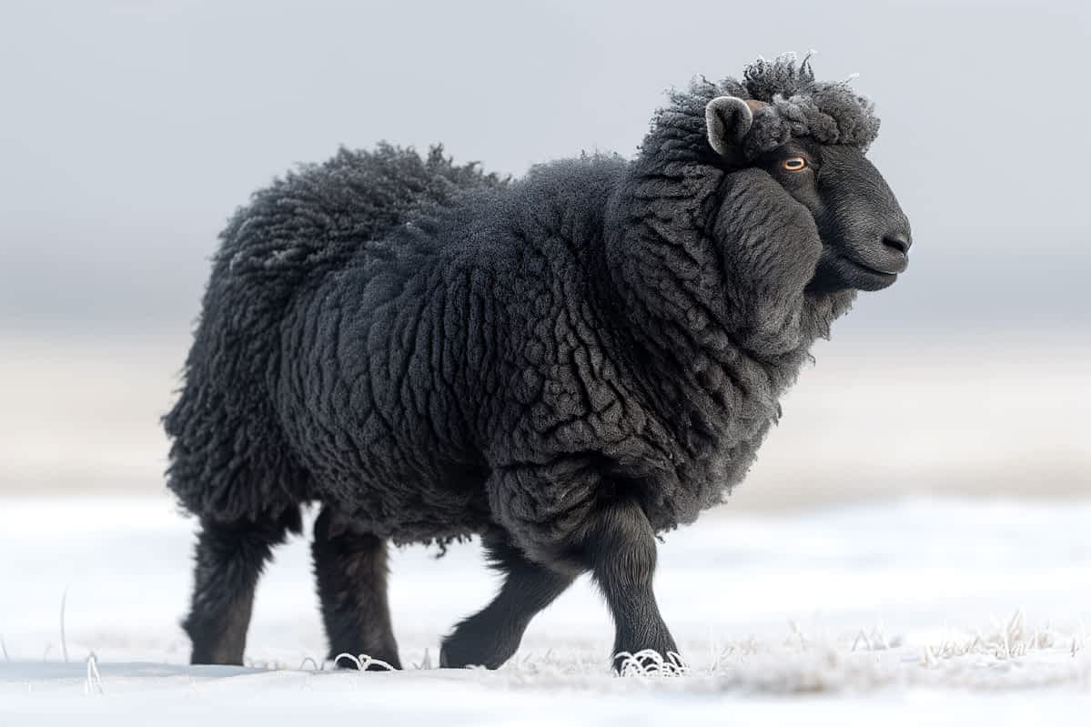 black sheep walking through snow