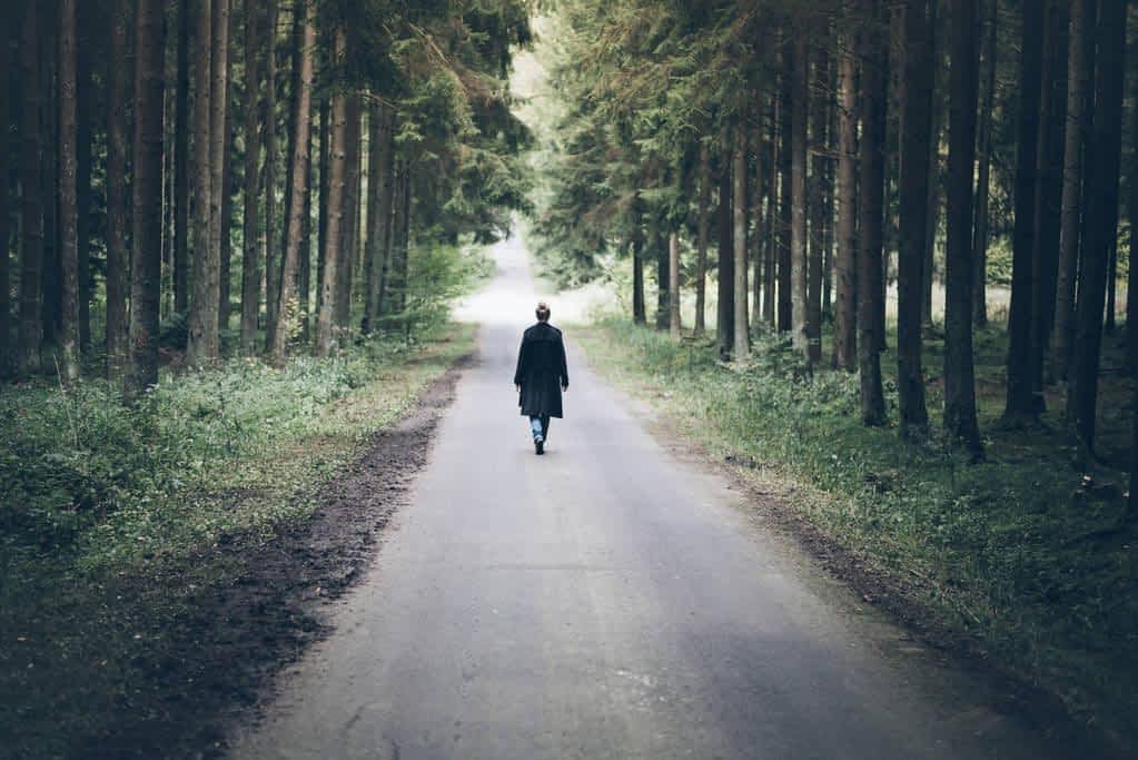 woman walking on narrow road through dark forest 1