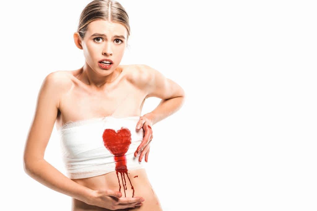 7 Signs Connecting Emotional Immaturity and Abusive Relationships 3 adult frightened woman bandages bloody heart isolated white