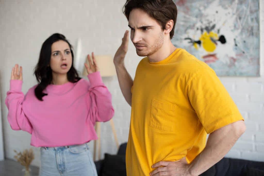 angry young woman shouting hands air boyfriend